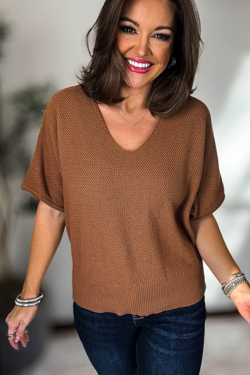 V-Neck Deep Camel Short Sleeve Dolman Sweater Top