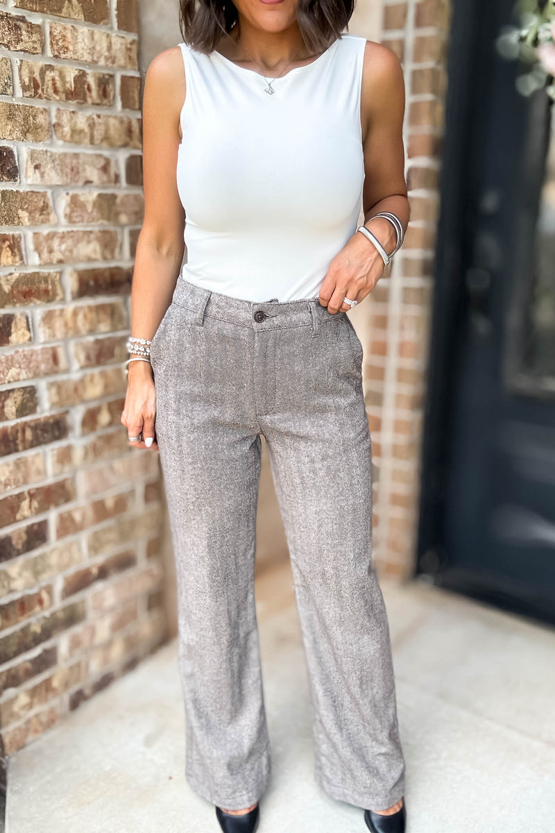Khaki Herringbone Straight Fit Pants