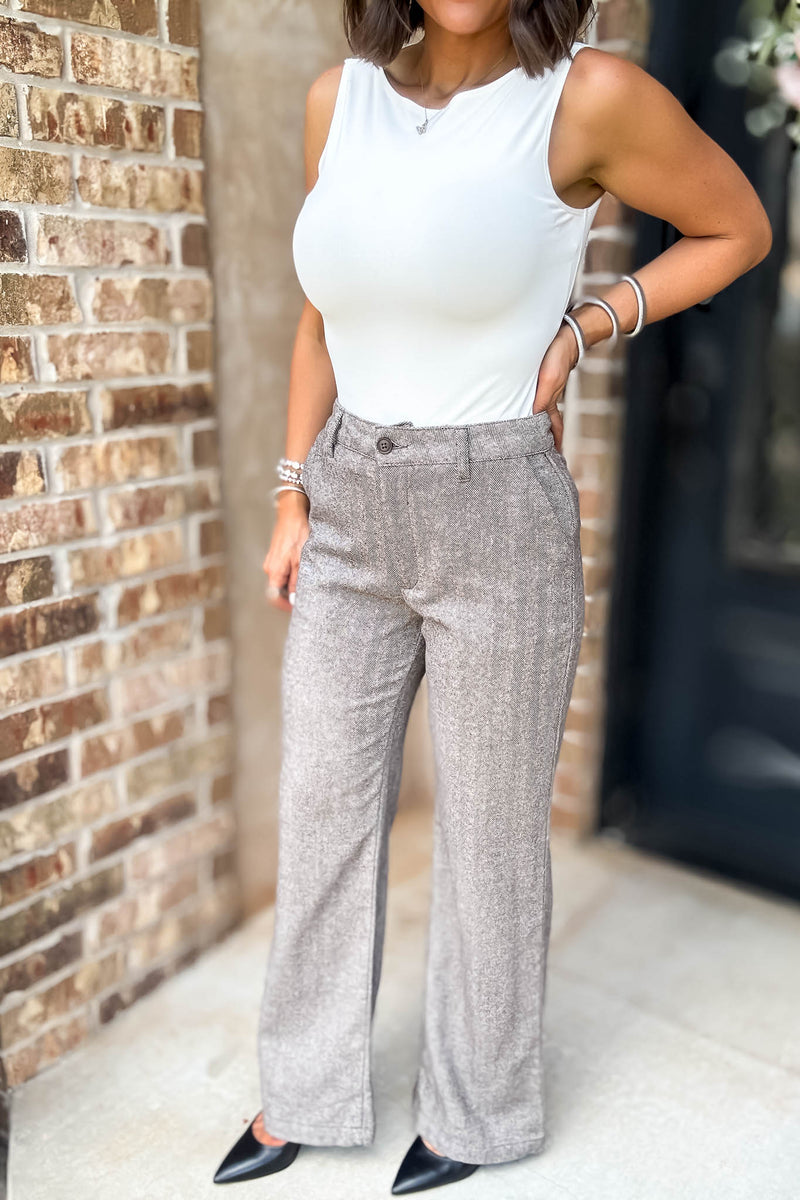 Khaki Herringbone Straight Fit Pants