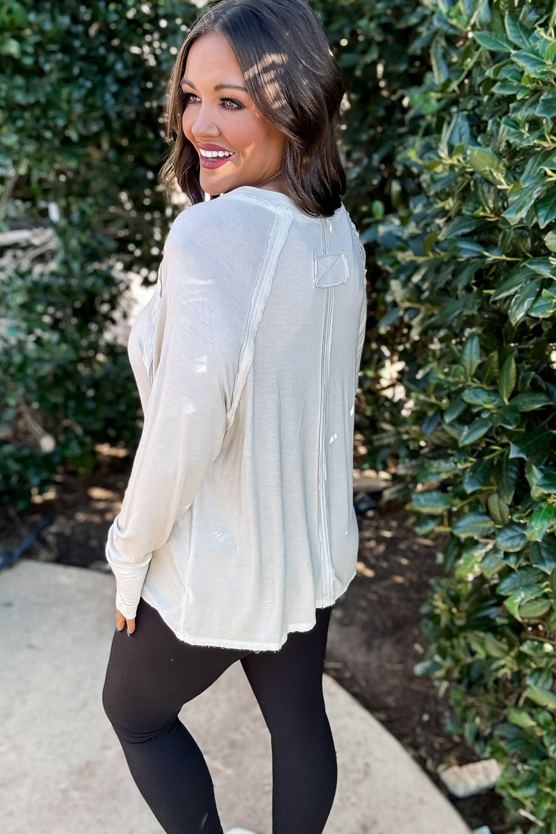 Here's The Scoop Sand Beige Washed Long Sleeve Top