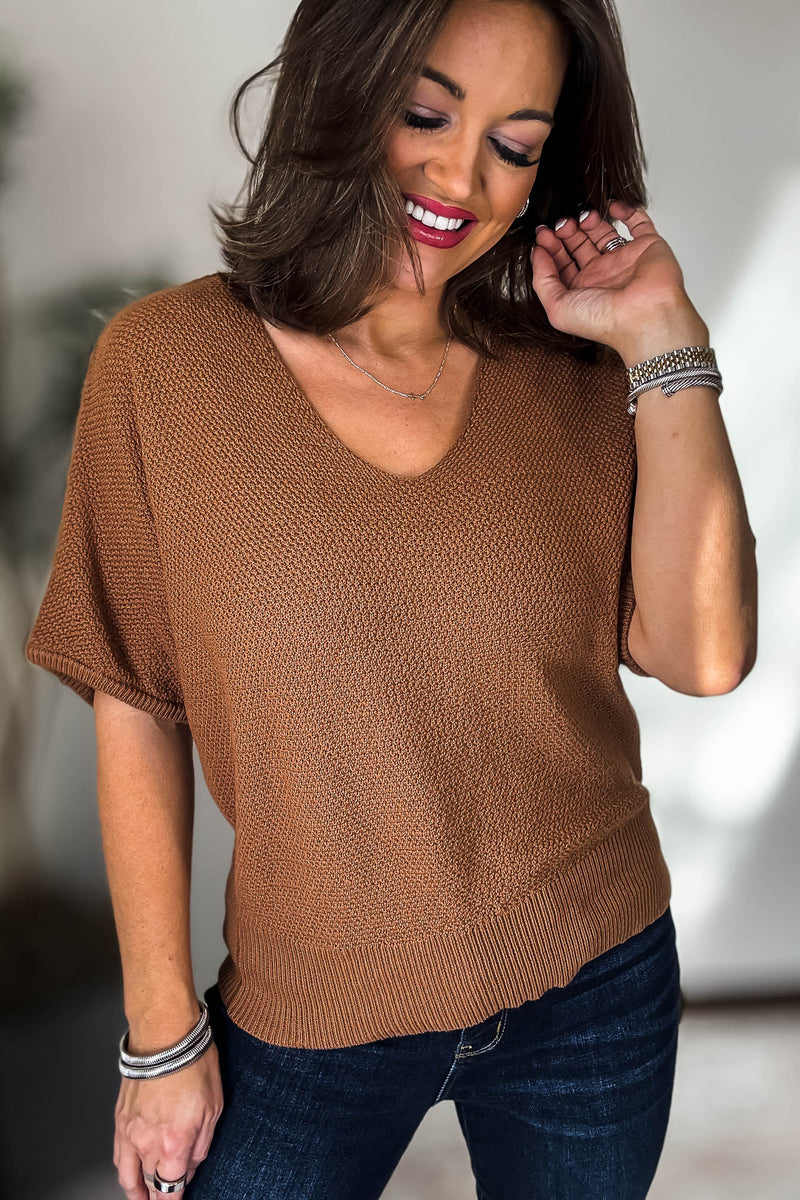 V-Neck Deep Camel Short Sleeve Dolman Sweater Top