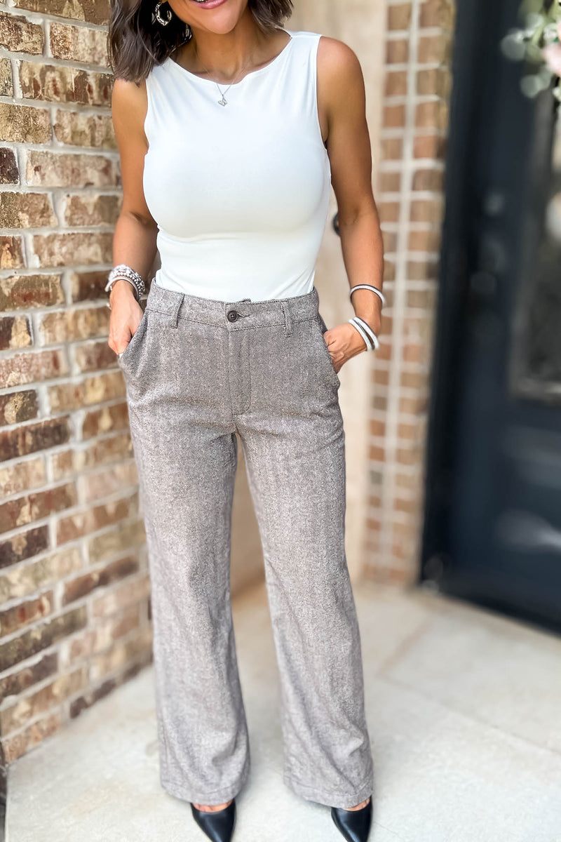 Khaki Herringbone Straight Fit Pants