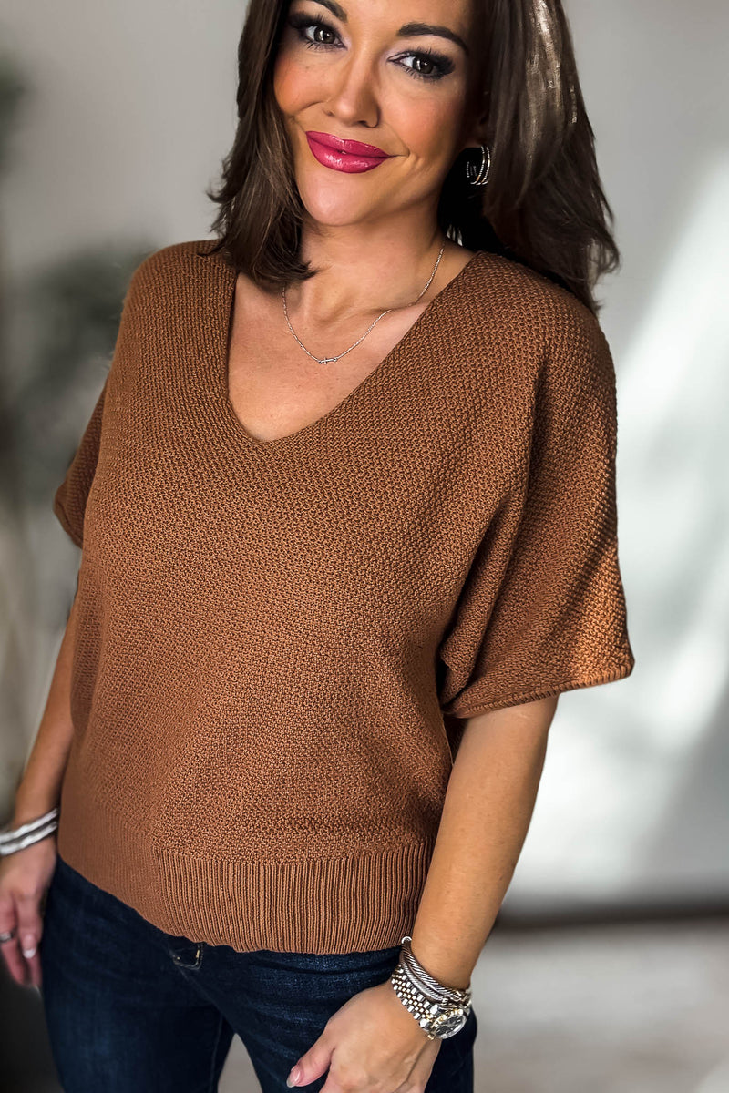 V-Neck Deep Camel Short Sleeve Dolman Sweater Top
