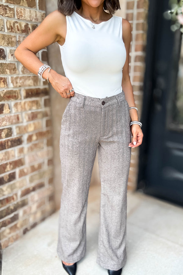 Khaki Herringbone Straight Fit Pants