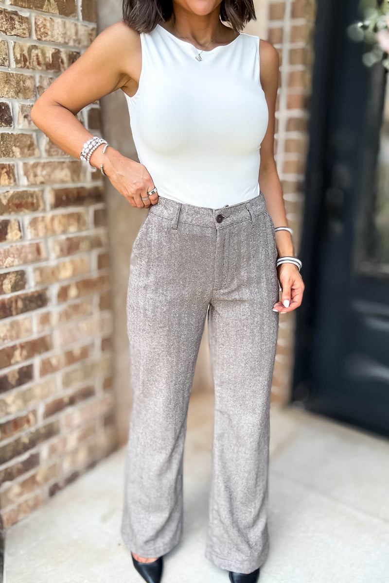 Khaki Herringbone Straight Fit Pants