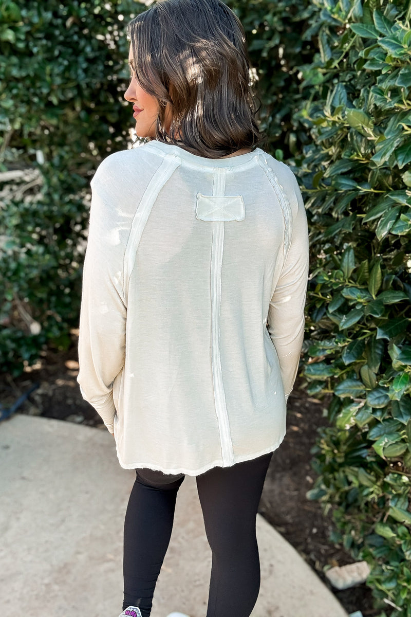 Here's The Scoop Sand Beige Washed Long Sleeve Top