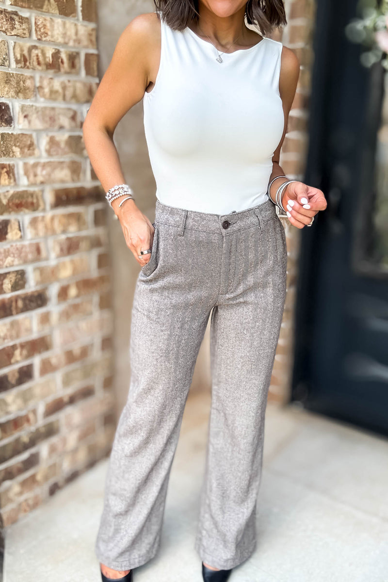 Khaki Herringbone Straight Fit Pants