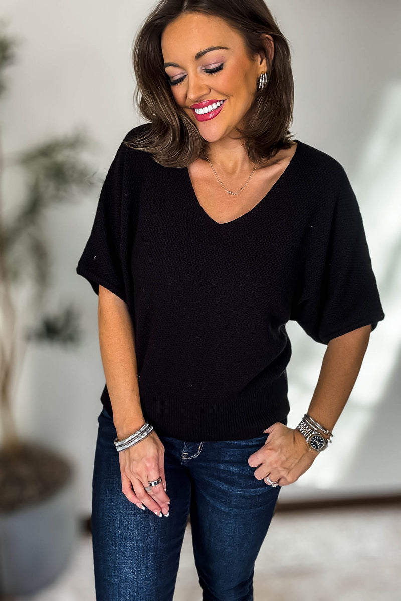 V-Neck Black Short Sleeve Dolman Sweater Top