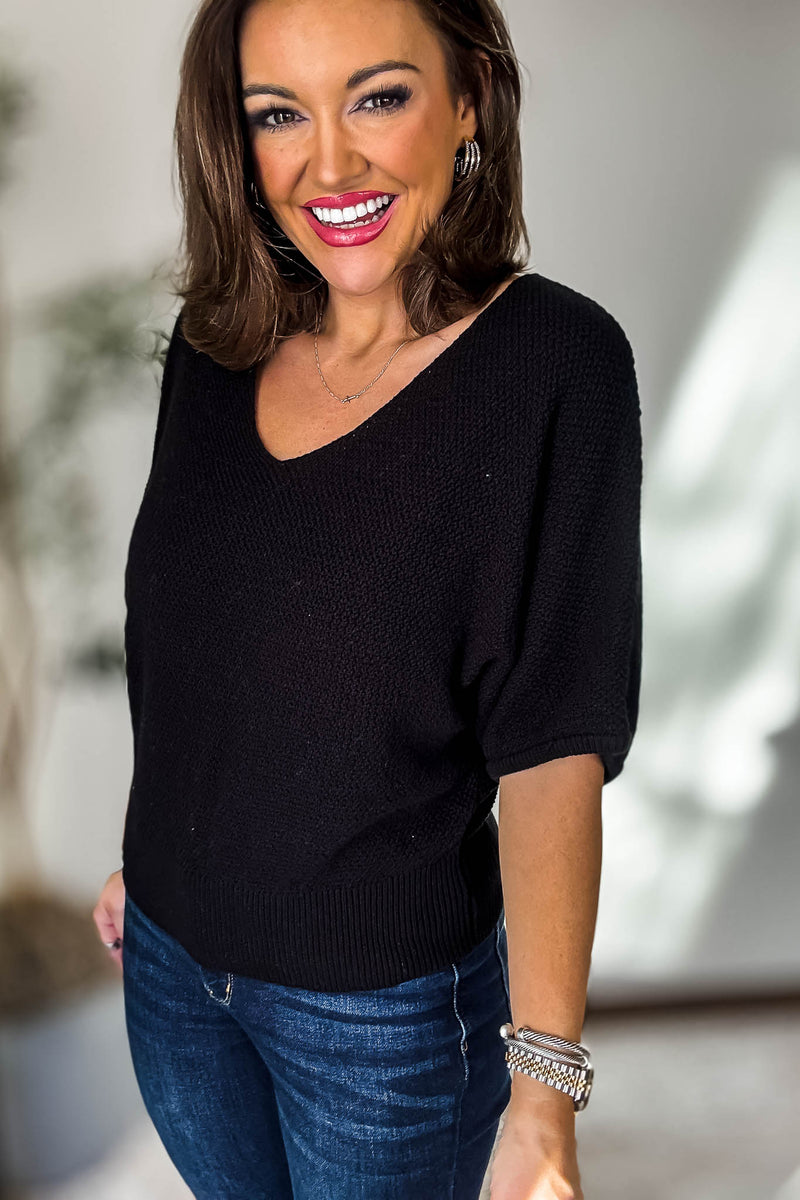 V-Neck Black Short Sleeve Dolman Sweater Top