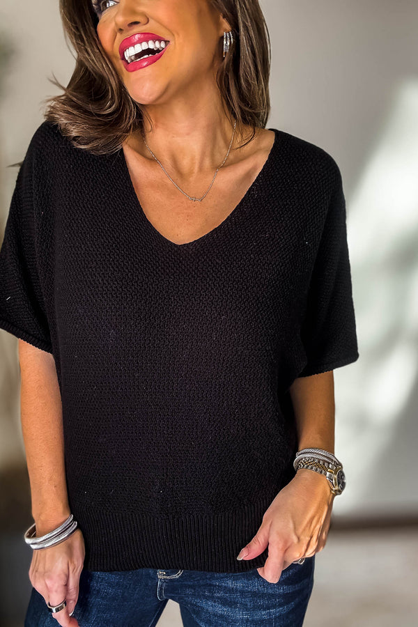 V-Neck Black Short Sleeve Dolman Sweater Top