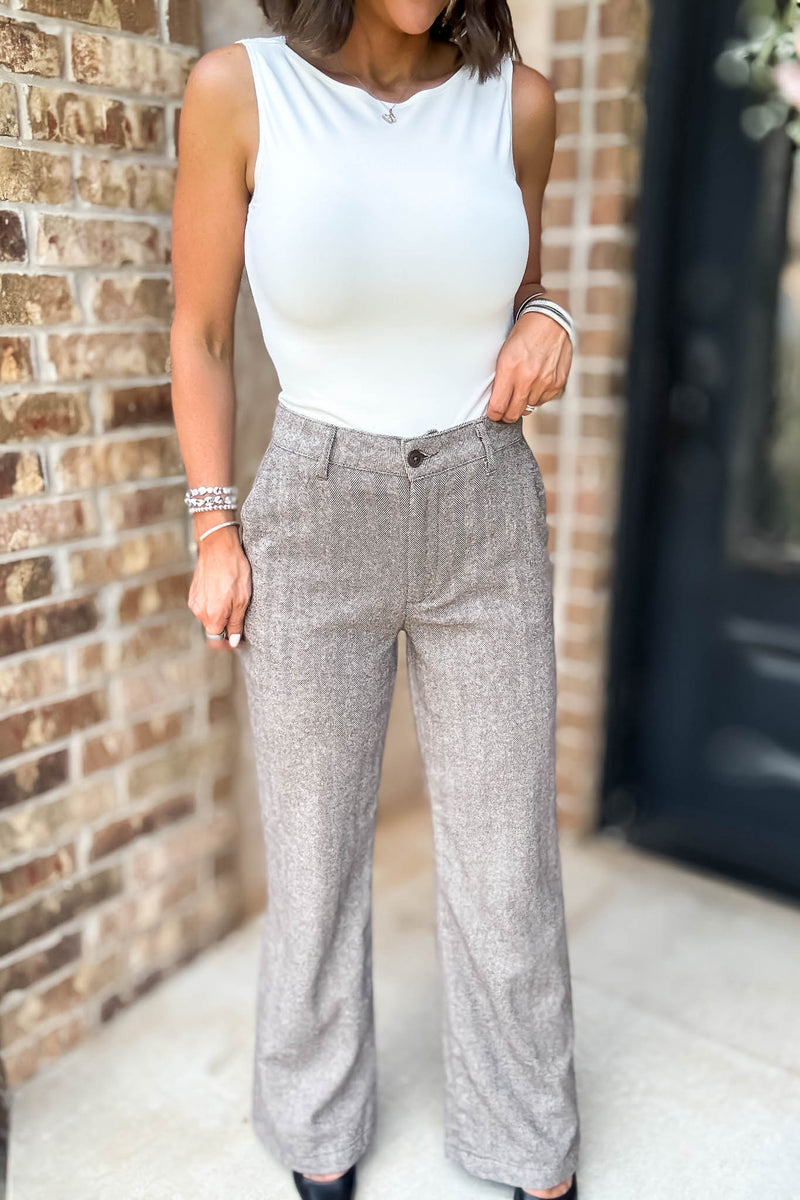 Khaki Herringbone Straight Fit Pants