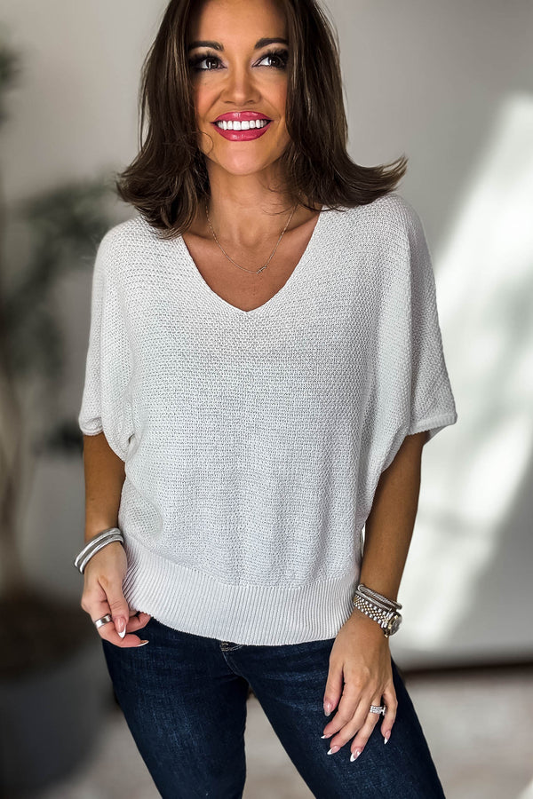 V-Neck Off White Short Sleeve Dolman Sweater Top
