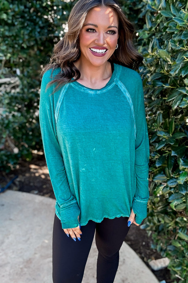 Here's The Scoop Hunter Green Washed Long Sleeve Top