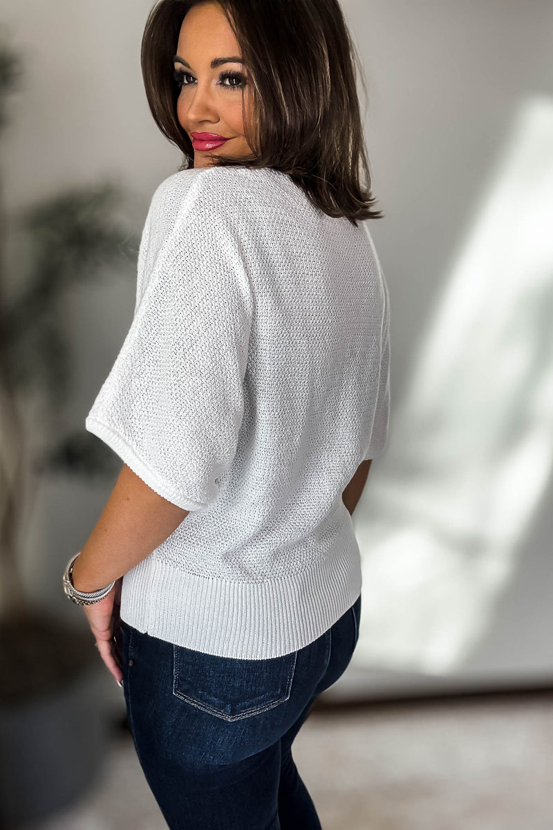 V-Neck Off White Short Sleeve Dolman Sweater Top