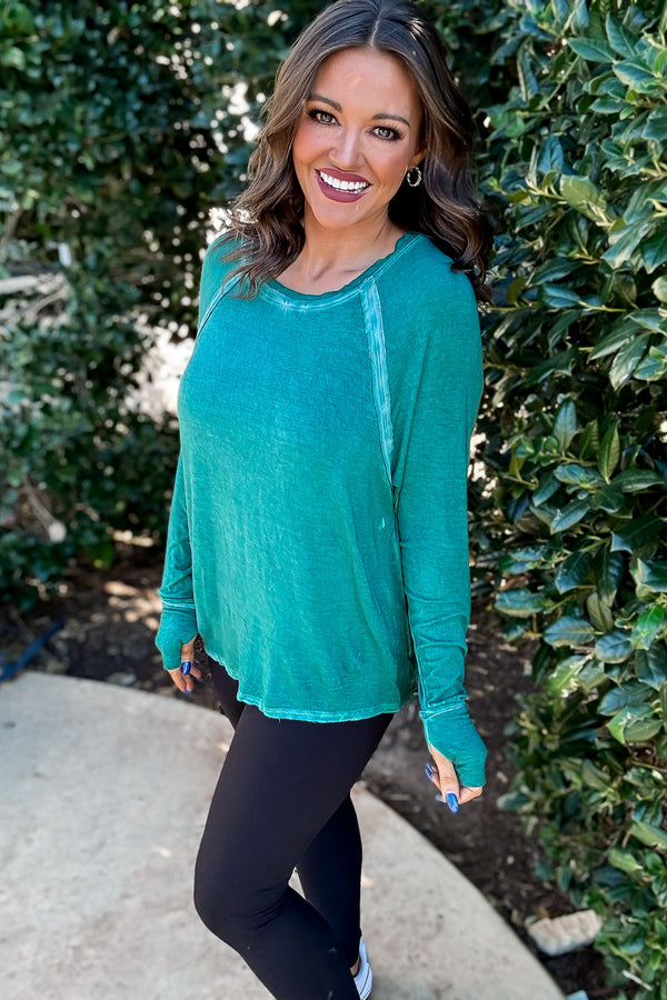 Here's The Scoop Hunter Green Washed Long Sleeve Top