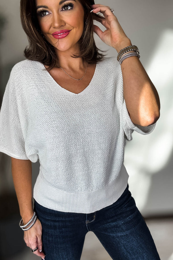 V-Neck Off White Short Sleeve Dolman Sweater Top