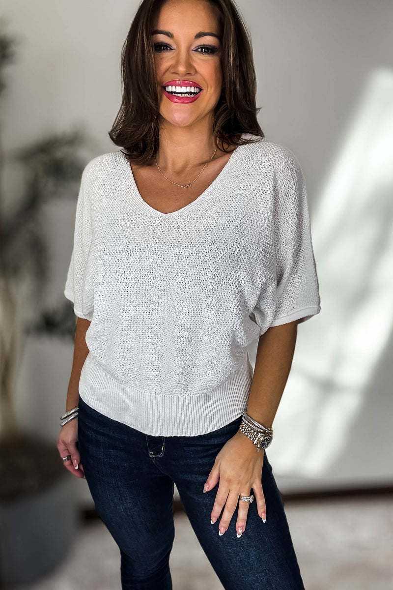V-Neck Off White Short Sleeve Dolman Sweater Top