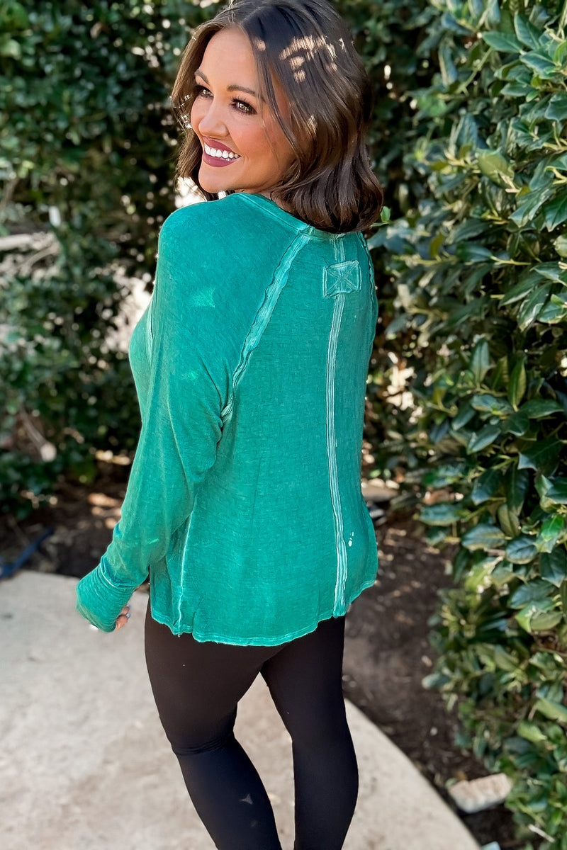 Here's The Scoop Hunter Green Washed Long Sleeve Top