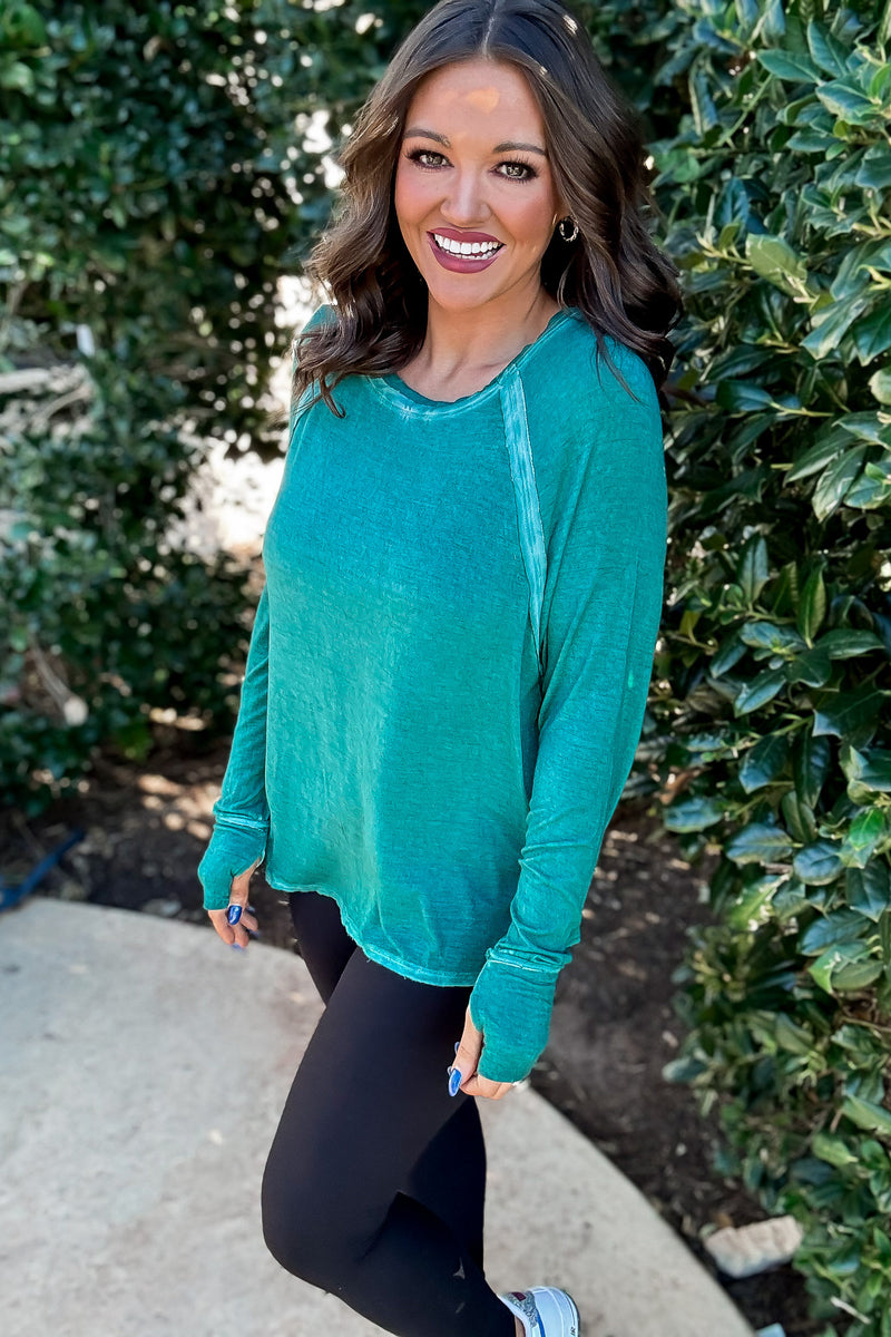 Here's The Scoop Hunter Green Washed Long Sleeve Top