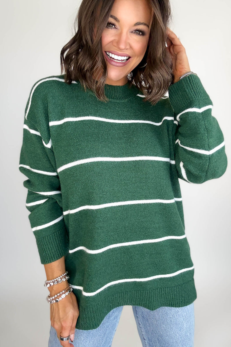 Round Neck Dark Green Stripe Sweater