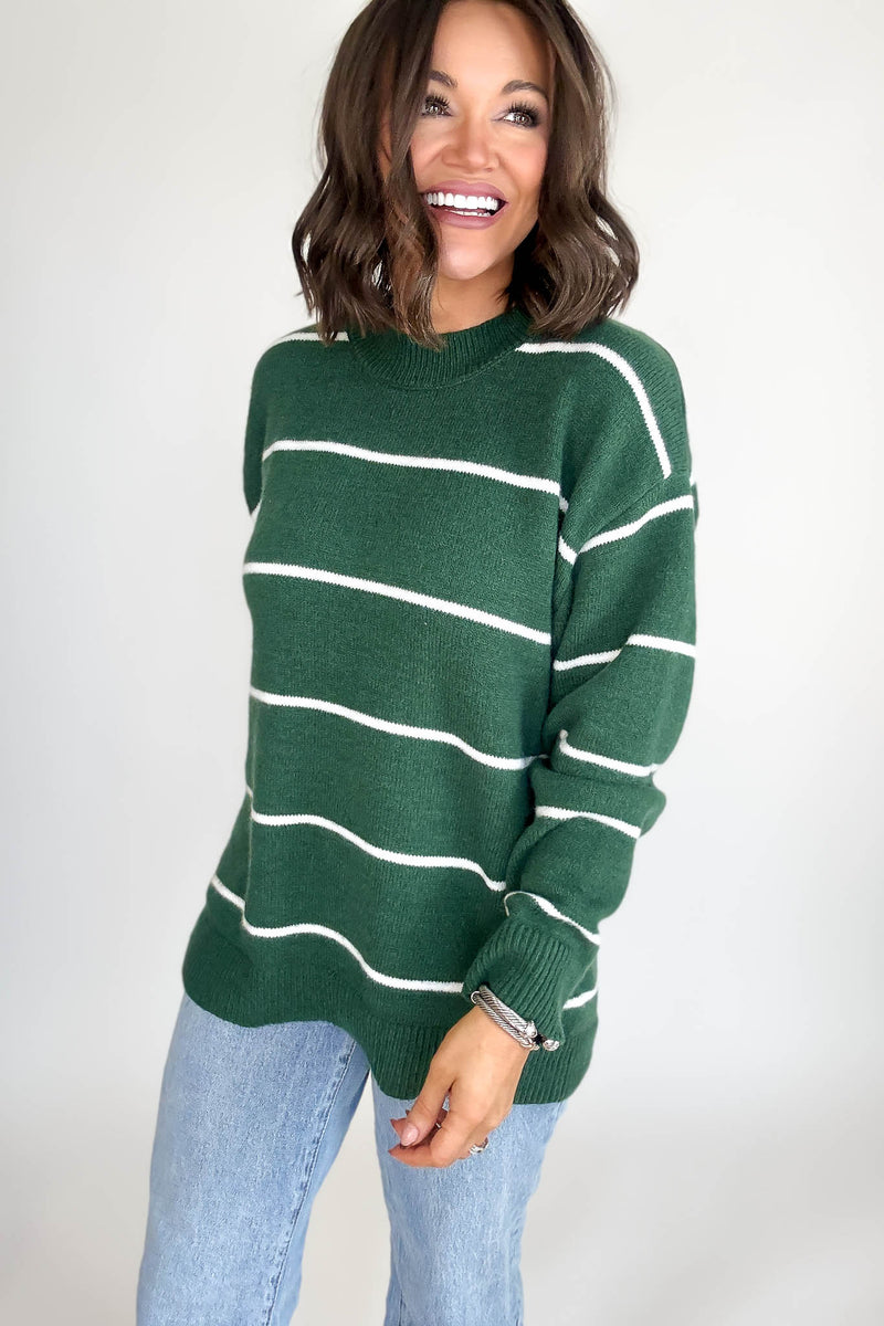 Round Neck Dark Green Stripe Sweater