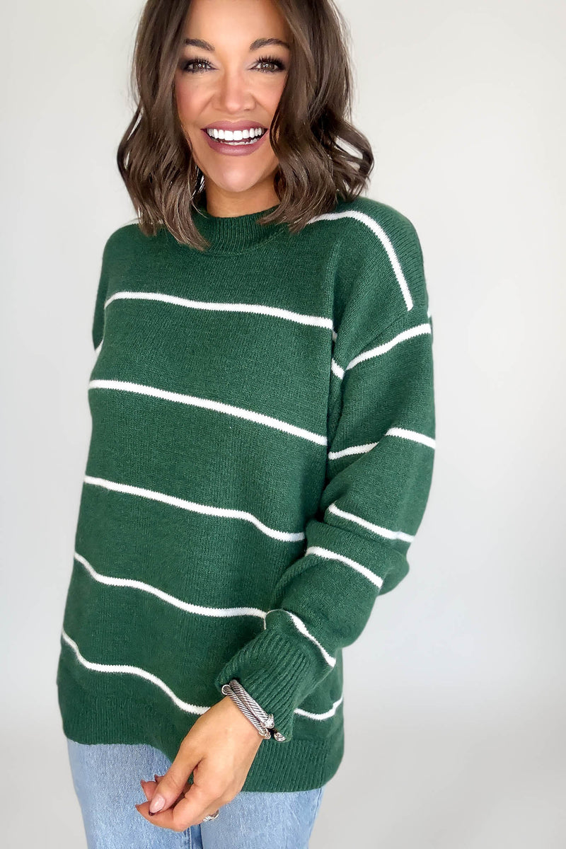 Round Neck Dark Green Stripe Sweater