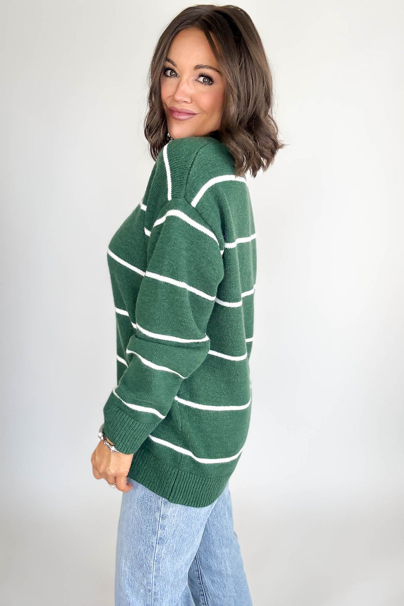 Round Neck Dark Green Stripe Sweater