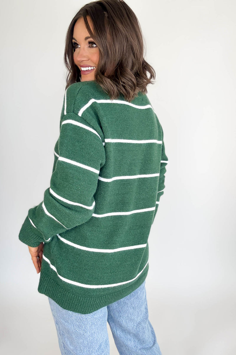 Round Neck Dark Green Stripe Sweater