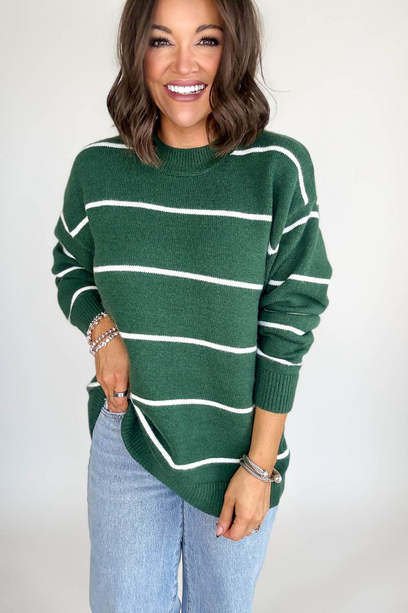 Round Neck Dark Green Stripe Sweater
