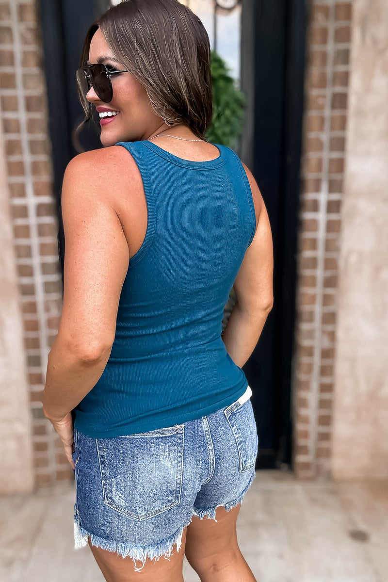 Ribbed Dark Teal Round Neck Tank Top
