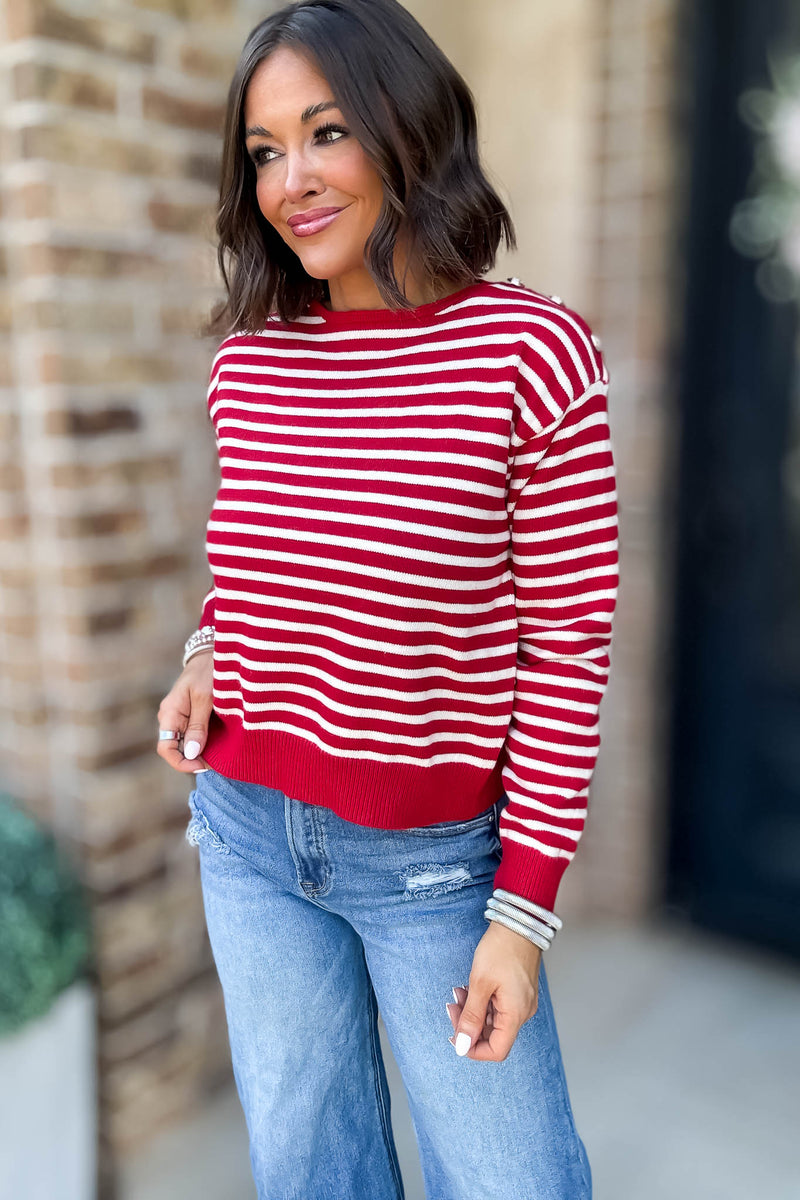 Red Buttoned Shoulder Stripe Sweater