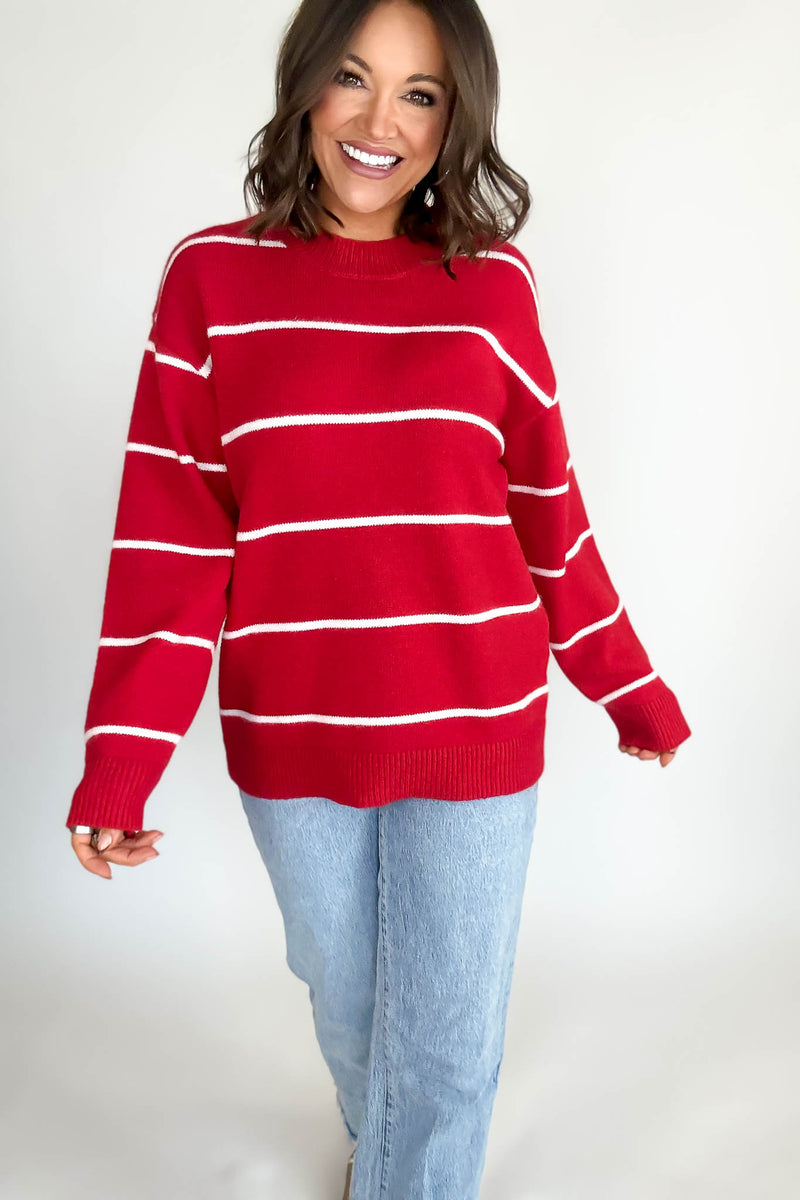 Round Neck Red  Stripe Sweater