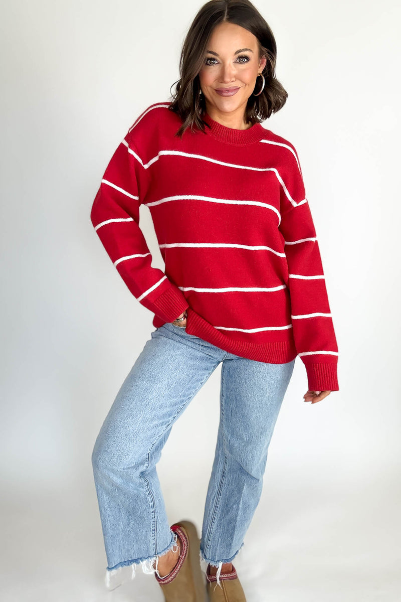 Round Neck Red  Stripe Sweater