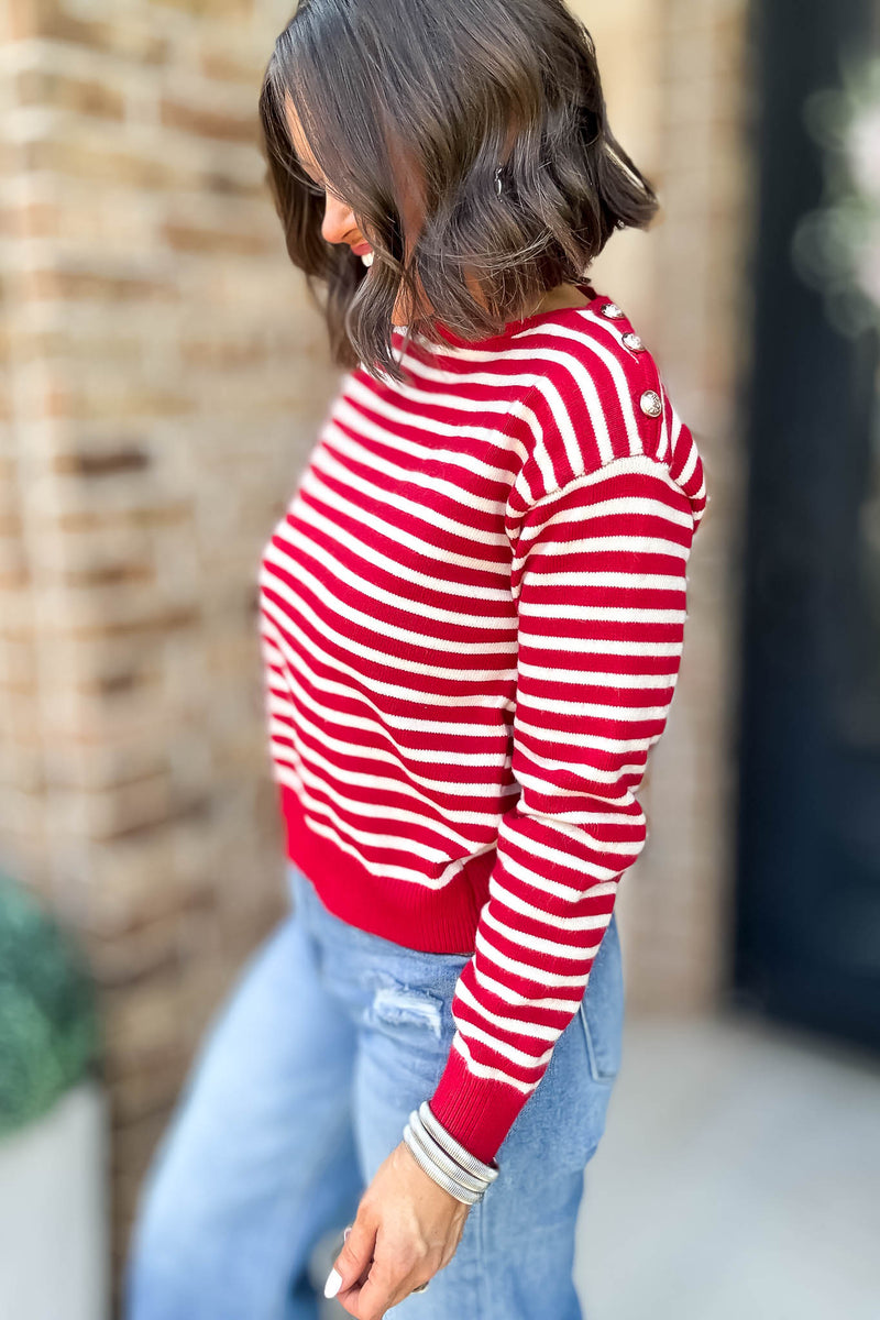 Red Buttoned Shoulder Stripe Sweater