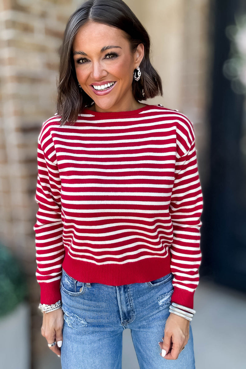 Red Buttoned Shoulder Stripe Sweater