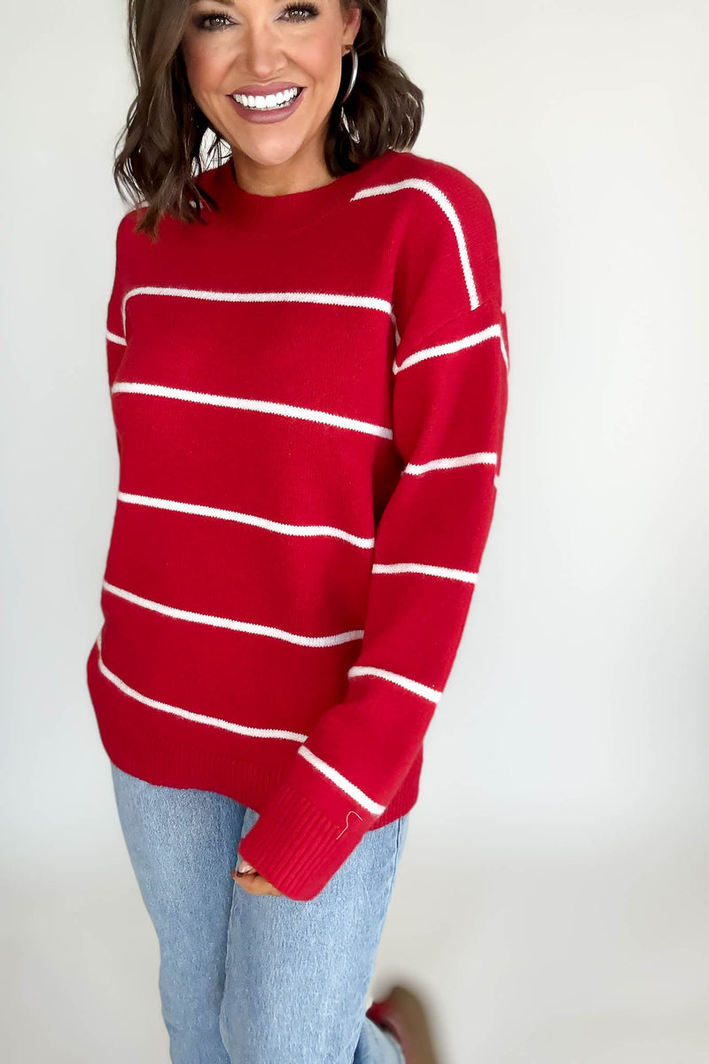 Round Neck Red  Stripe Sweater