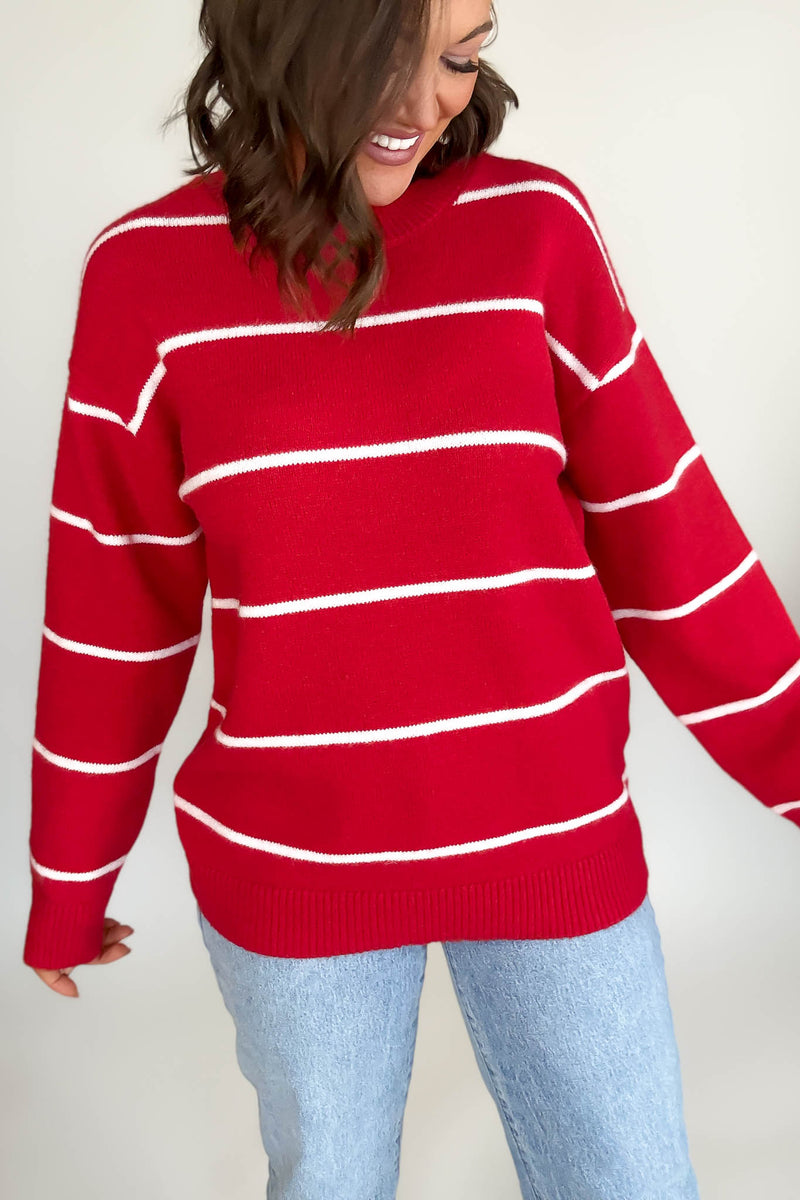 Round Neck Red  Stripe Sweater