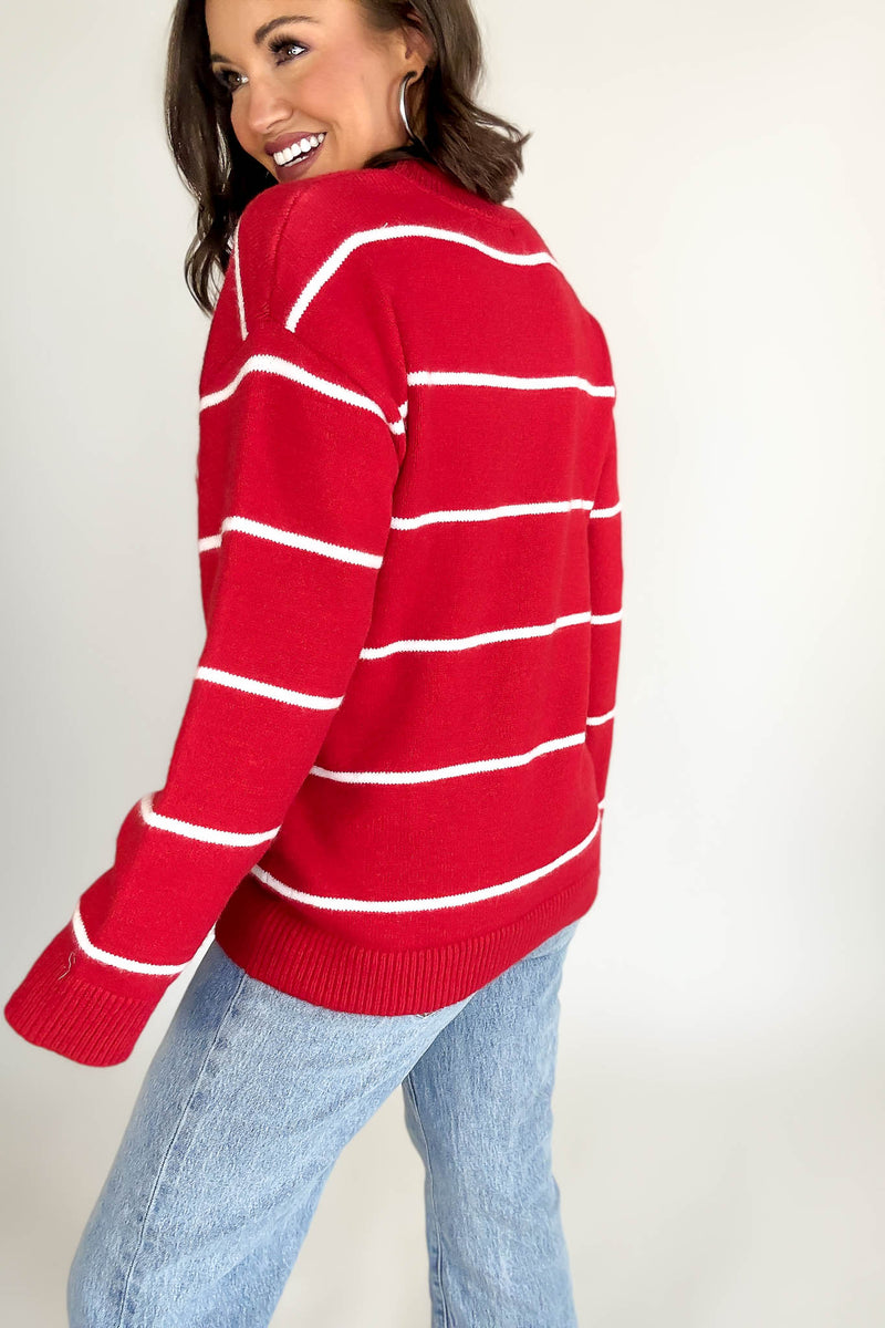 Round Neck Red  Stripe Sweater