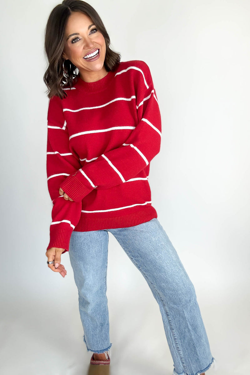 Round Neck Red  Stripe Sweater