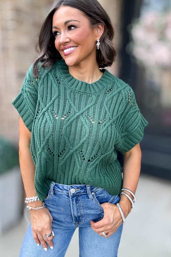 Perfect Dark Green Cable Knit Short Sleeve Sweater