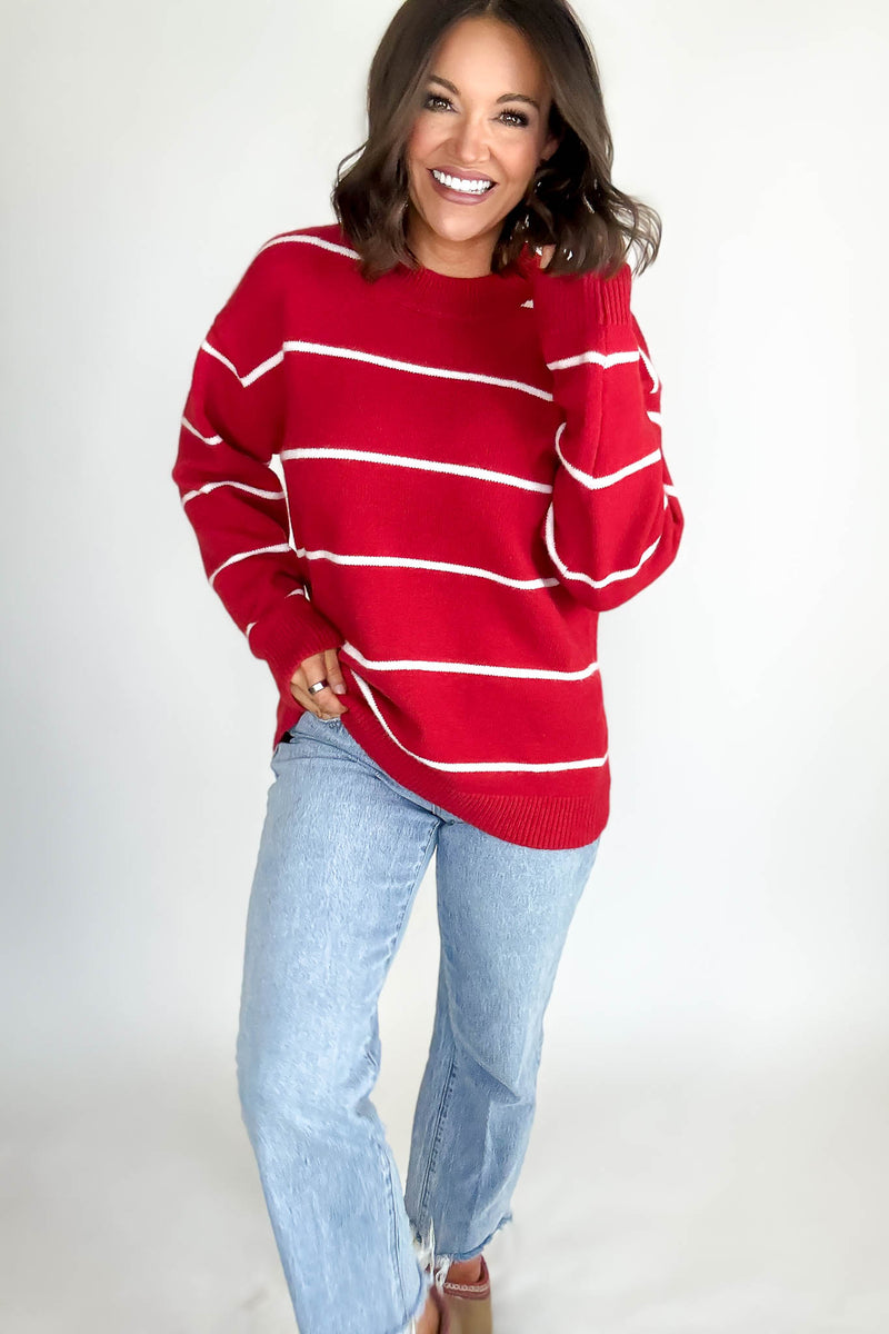 Round Neck Red  Stripe Sweater