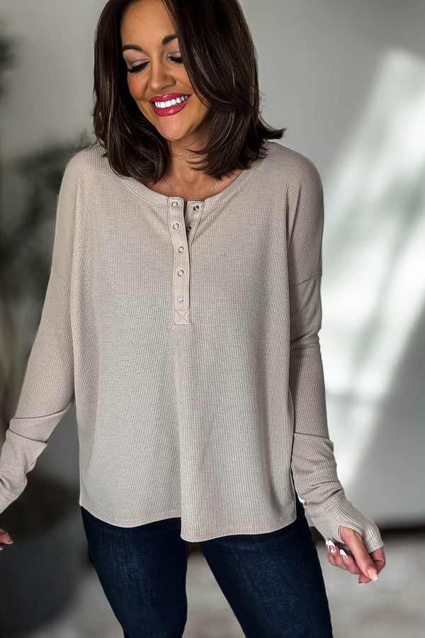 Waffle Sand Beige Thumb Hole Cuff Henley Top
