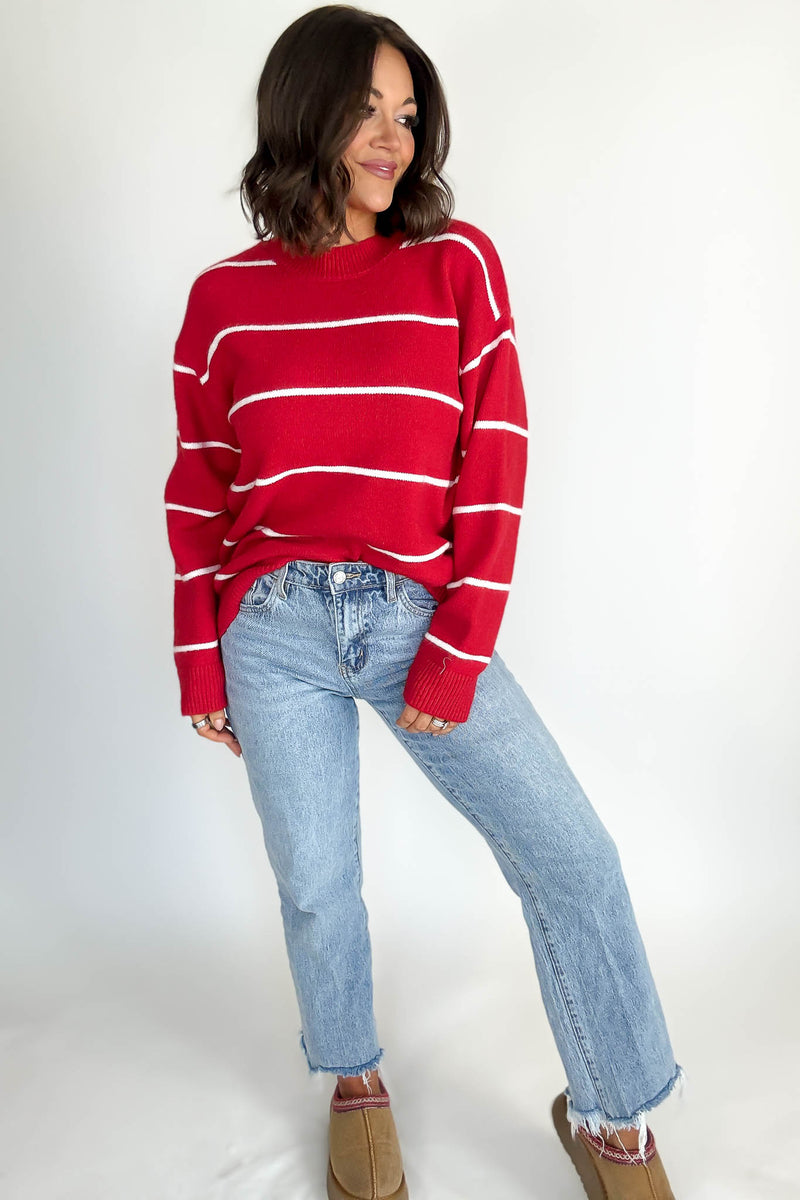 Round Neck Red  Stripe Sweater