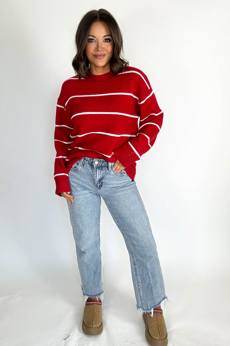 Round Neck Red  Stripe Sweater