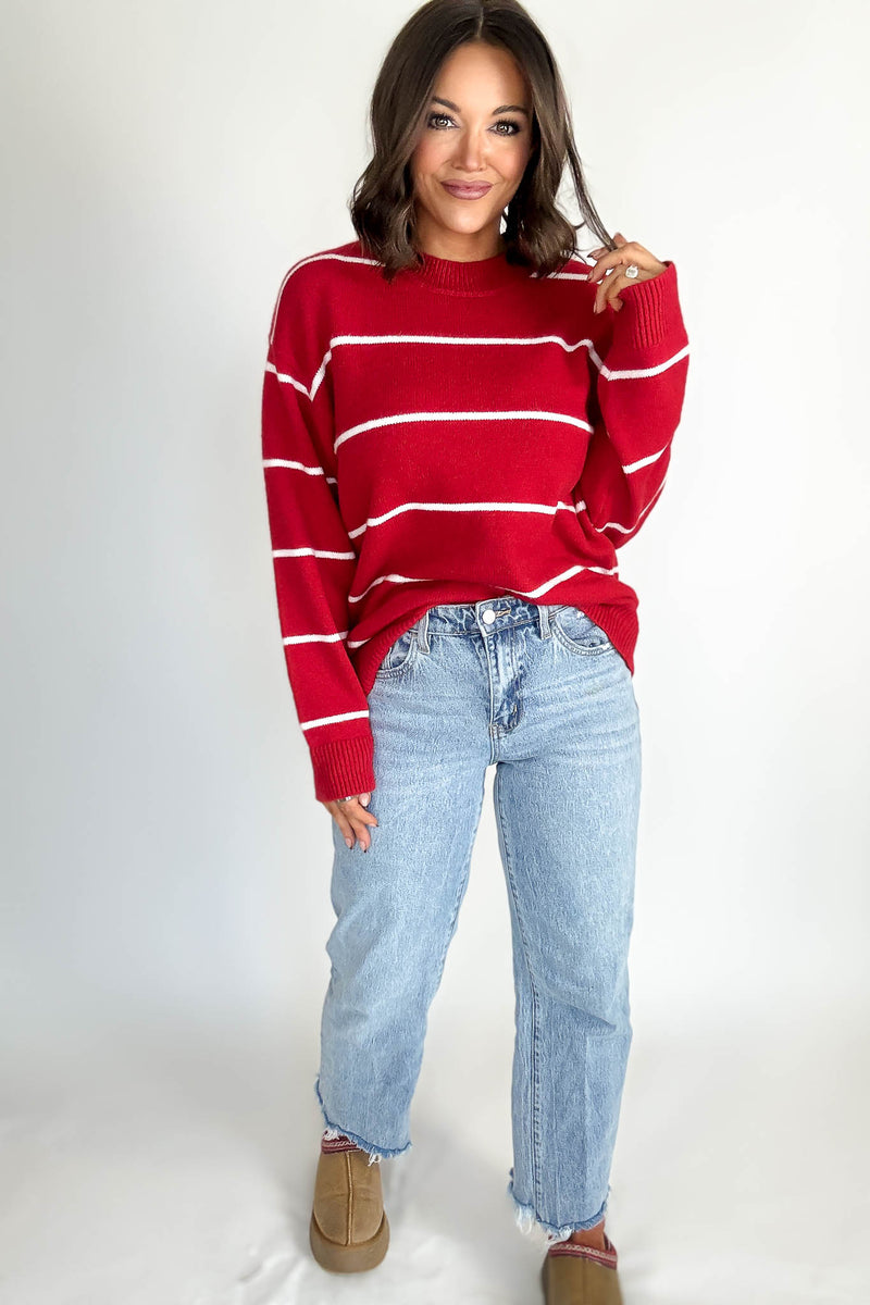 Round Neck Red  Stripe Sweater