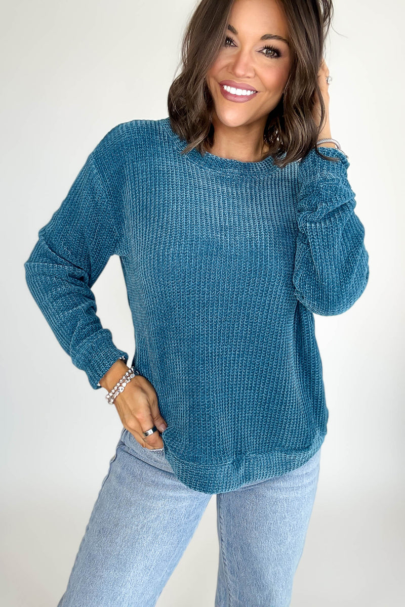 Chenille Teal Waffle Round Neck Sweater