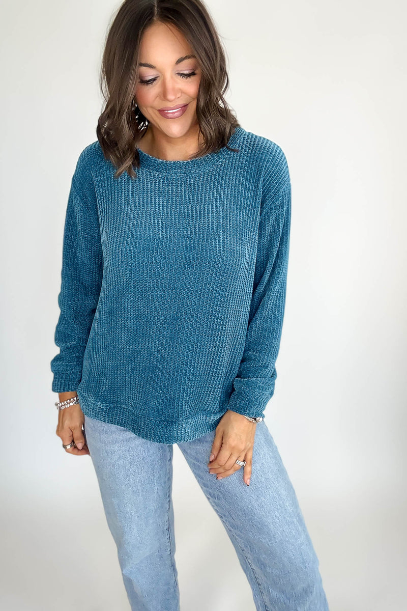 Chenille Teal Waffle Round Neck Sweater