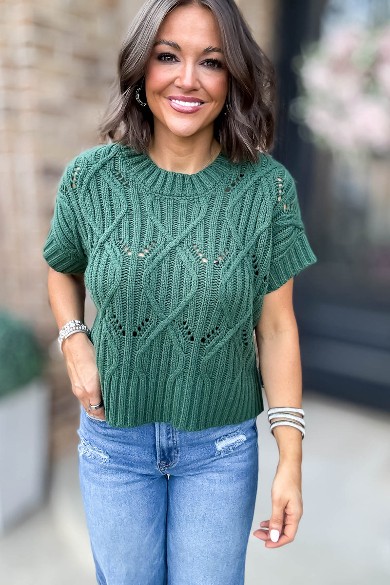 Perfect Dark Green Cable Knit Short Sleeve Sweater