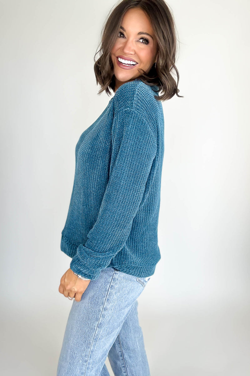 Chenille Teal Waffle Round Neck Sweater