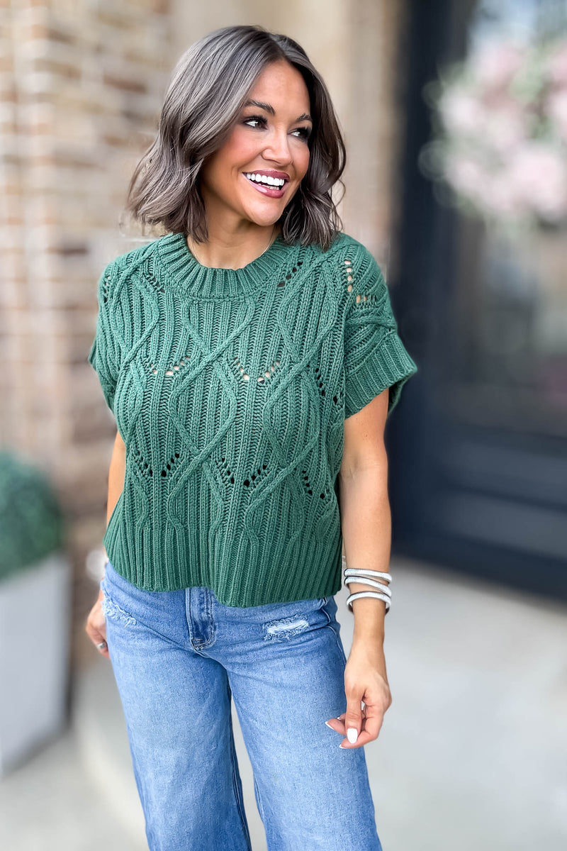 Perfect Dark Green Cable Knit Short Sleeve Sweater